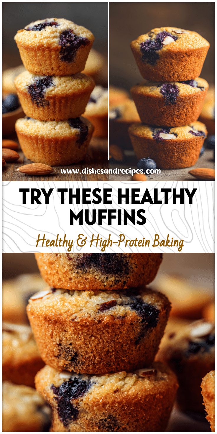 Stack of healthy blueberry muffins made with almond flour and Greek yogurt for a gluten free breakfast.